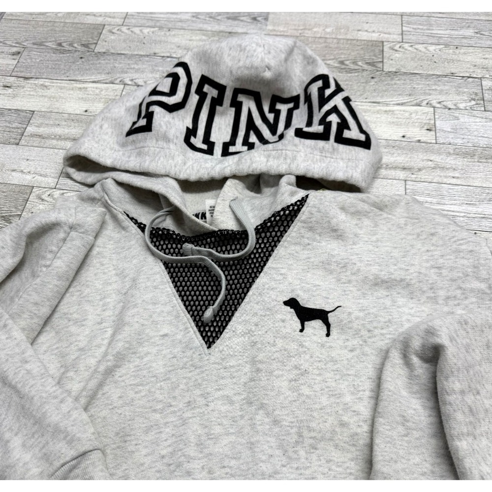 VTG Y2K Victoria's Secret PINK Hoodie Light Gray Black Mesh Small Dog Logo